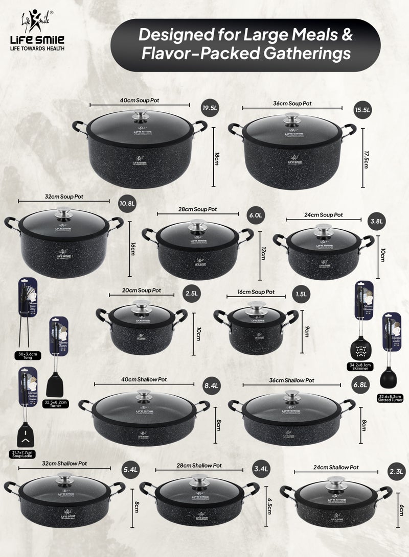 Life Smile Nonstick Cookware Set 29 pcs Cookwares- Pots and Pans set-Granite Coating Cooking Pots set Includes 16/20/24/28/32/36/40cm Soup pot with Lid,24/28/32/36/40cm Shallow Pot with Lid And 5pcs Silicone Tools - Image 3